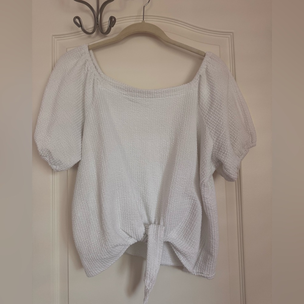 LOFT White Tie-Front Textured Puff-Sleeve Top